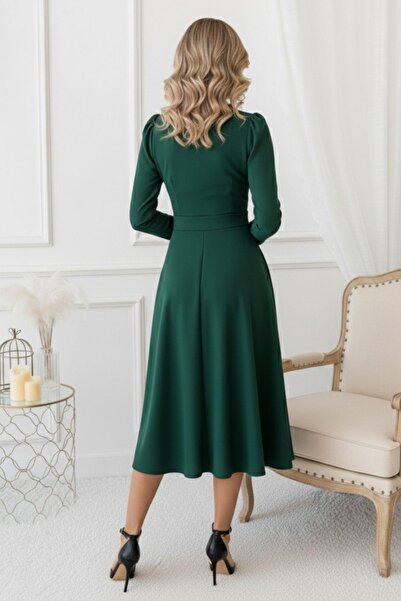 Mossta Σμαραγδί πράσινο διπλό πέτο μακρυμάνικο φόρεμα με λαιμόκοψη