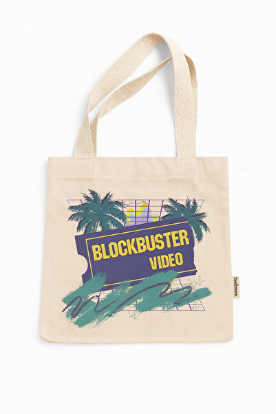 Tee&more. Retro Blockbuster Video Printed Canvas Tote Bag with Gusseted Gusseted Velcro Closure and Inner Pocket