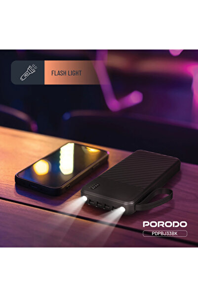 porodo 10000Mah Noved Powerbank With 4 Wire Plugin &Pullout Hanging Rope -Black