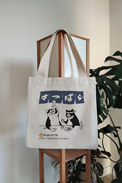 Tee&more. Japanese Cat Printed Canvas Tote Bag with Gusset, Velcro and Inner Pocket