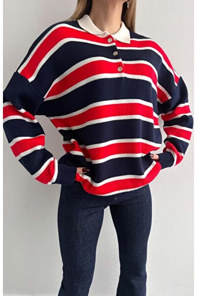 Lavanta Tekstil Πλεκτό πουλόβερ με ριγέ γιακά πόλο oversized