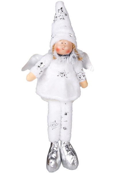 Herdekora Χριστουγεννιάτικο στολίδι, Φιγούρα Νεράιδας με Φτερά που κάθεται, Λευκό - Σε Ασημί Παπούτσια, 17x53 εκ.