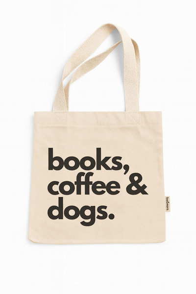 Tee&more. Books, Coffee & Dogs Printed Canvas Tote Bag with Gusseted Velcro and Inner Pocket