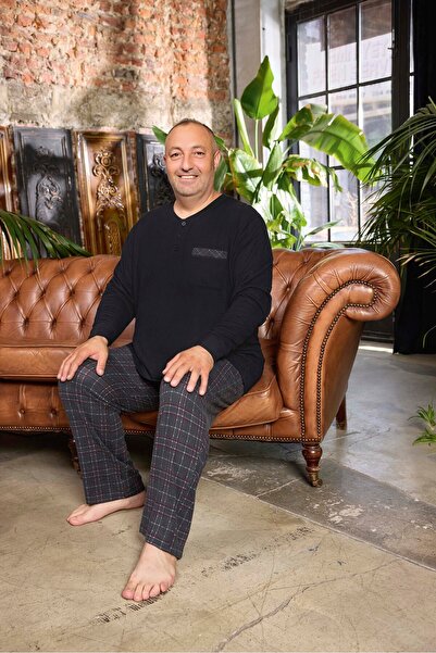 Aydoğan Lodos Store Men's Plus Size Long Sleeve Placket Thermal Pajama Set Plaid Pattern Black