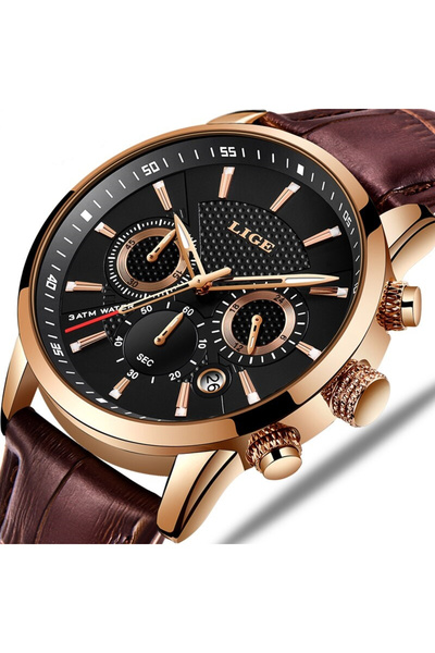 Lige Men's Watch Elegant Quartz Leather Strap
