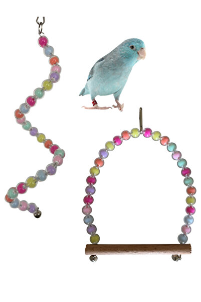 Tüylü Tezgah Kuş Oyuncakları Muhabbet Kuşu Salıncağı ve Aksesuarı İkili Kafes...