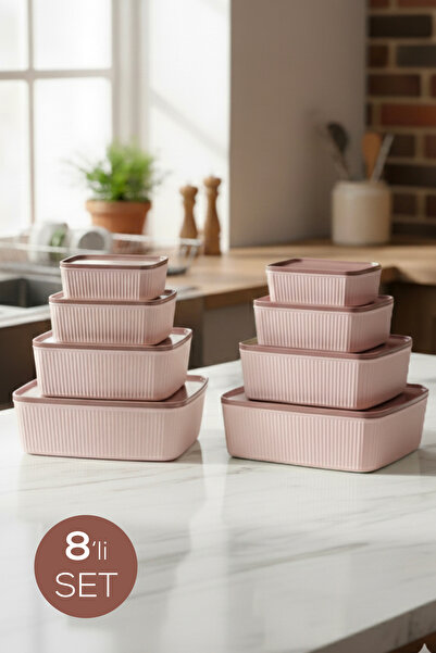 Vienev 8'li Çizgili Dikdörtgen Saklama Seti Pembe | 2.5L 1.5L 0.80L 0.45L | M...