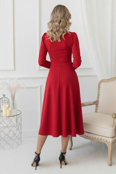 Mossta Red Double-Breasted Collar Long Sleeve Midi Dress