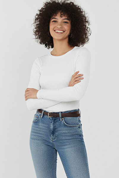 SWALORA Crew Neck Long Sleeve Ribbed Crop Blouse