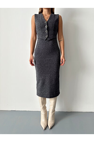 Somut istanbul Buttoned V-Neck Vest Detail Midi Dress