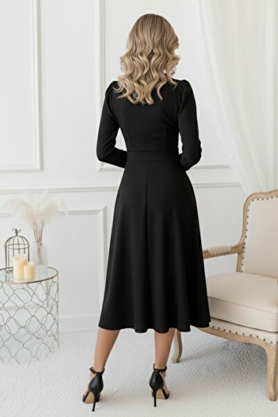 Mossta Black Double-Breasted Collar Long Sleeve Below Knee Dress