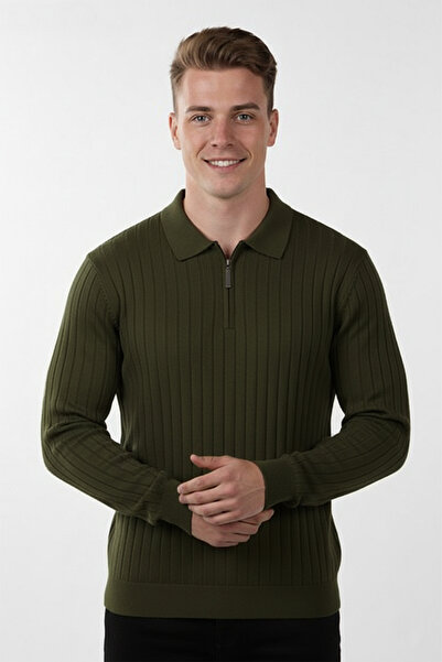 DeepSEA Ανδρικό πλεκτό πουλόβερ με λαιμόκοψη πόλο χακί εφαρμοστό - Μαλακή υφή, ελαστική και κομψή εμφάνιση 2605305