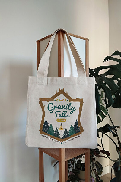 Tee&more. Camp Gravity Falls Printed Canvas Tote Bag with Gusseted Gusset and Internal Pocket