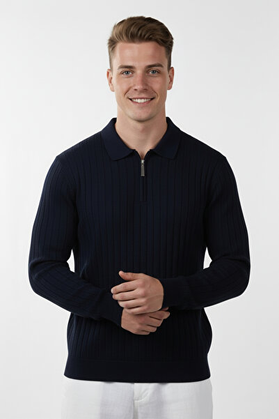 DeepSEA Ανδρικό πλεκτό πουλόβερ με λαιμόκοψη πόλο εφαρμοστό σε μπλε ναυτικό - Ευέλικτη και κομψή εμφάνιση με απαλή υφή 2605305