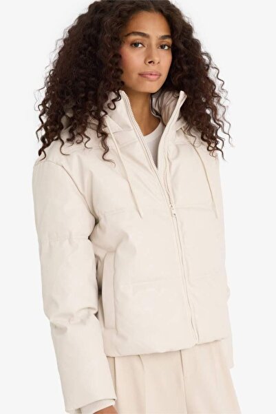 DeFacto Regular Fit Hooded Fleece Lined Faux Leather Coat (25 Wn)