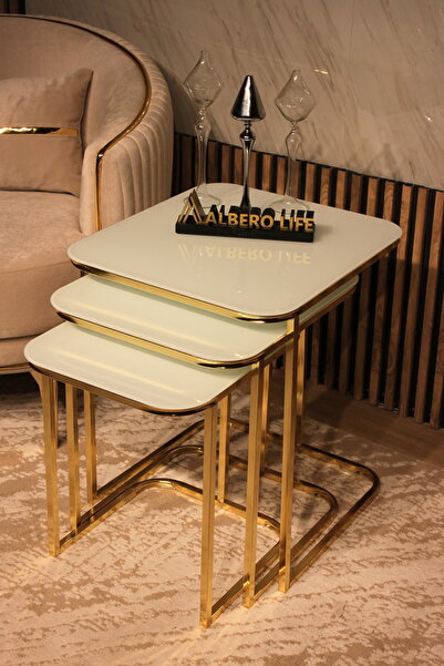 AlberoLife Kare Zigon Lüx 3'lü Zigon Sehpa (Kurulum Gerektirmez) GOLD AYAK BE...