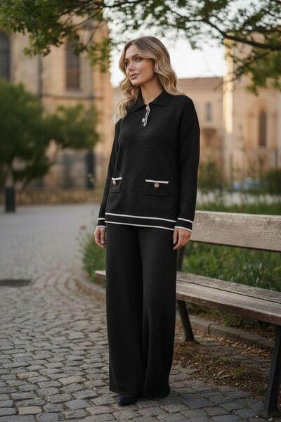 Intisimo Costum tricotat pentru femei, două piese, nasturi decorativi, negru