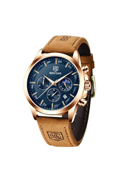 Benyar Ανδρικό Ρολόι Elegant Quartz Χρονογράφος Casual Καφέ/Χρυσό Δέρμα