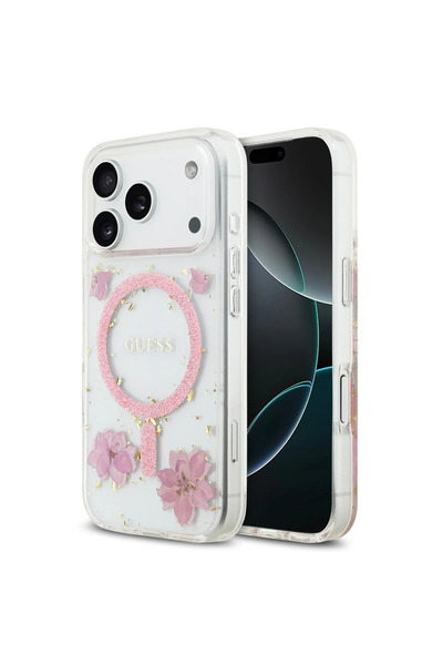 CG Mobile Guess Magsafe Reisn Case With Flowers & Glitter Pattern For iPhone 17 Pro - Pink