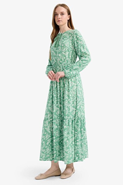 DeFacto Μακρυμάνικο μάξι φόρεμα με στάμπα με λαιμόκοψη D9636AX25SM