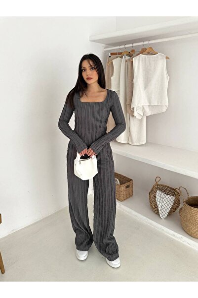 By Kuzey Aras Women's Square Neck Ribbed Finger-Tuck Detail Two-Piece Set