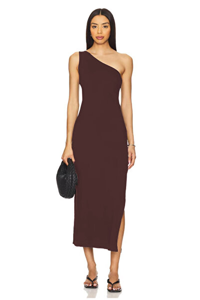 AFR CLOTHES فستان نسائي بطبقة مزدوجة من الجيرسيه بكتف واحد وشق