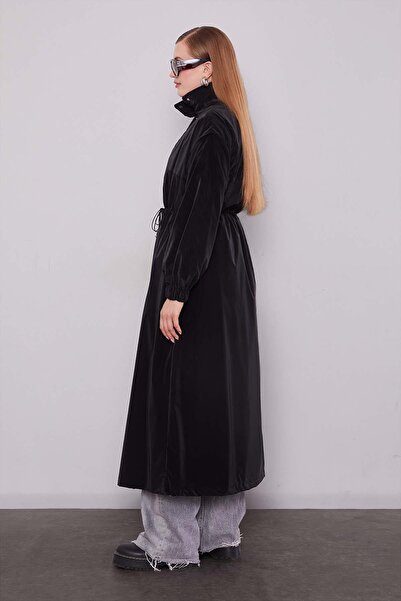 Levidor Black Elastic Waist Trench Coat