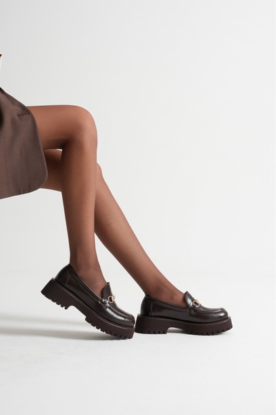 Miss Mitto Women's Brown Faux Leather Stylish Buckle Detailed Thick Soled Comfortable Loafer Shoes