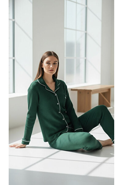 trendlina Ribbed Knit Buttoned Piped Pajama Sets