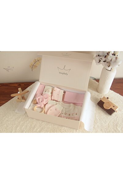 Uniq Baby Pembe Çiçek Nakışlı %100 Pamuk 10 Parça Yenidoğan Hediye Kutusu–Pik...