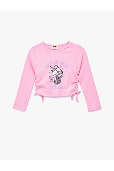 Koton Unicorn Baskılı Uzun Kollu Bisiklet Yaka Ribanalı Crop Tişört