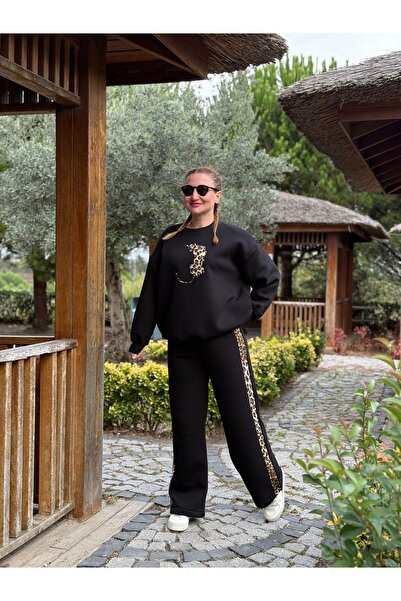 POLEN Leopar 2 iplik şardonlu Eşofman takım Siyah