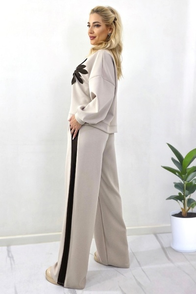 FashionForYou KEORA day set, blouse with floral detail and pants, Cream with Brown panel, Size S/M/L