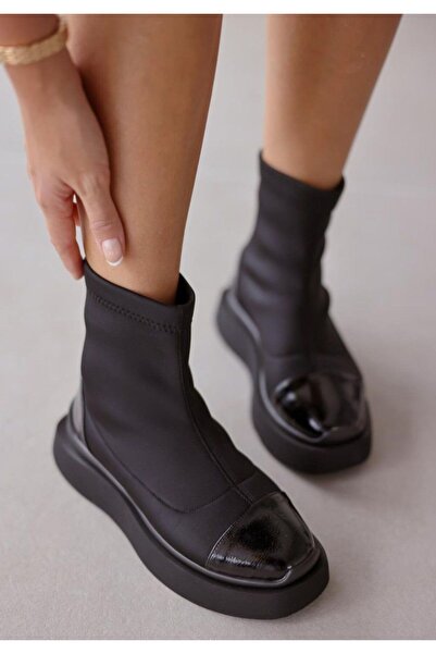 cevaplus Kadın Siyah Kalın Taban Streç Bot Rugan Detaylı Günluk Bot sasha