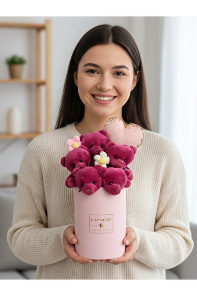 Laynear Hediye Pembe Silindir Kutu İçinde Sevimli Pembe Renkli Peluş Ayıcıkla...