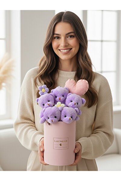 Laynear Hediye Pembe Silindir Kutu İçinde Sevimli Lila Renkli Peluş Ayıcıklar...