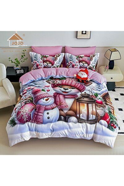 FIONNA.RO Finet Bed Linen 6 Pieces With Elastic 5D Christmas Pattern - Pink With Reindeer
