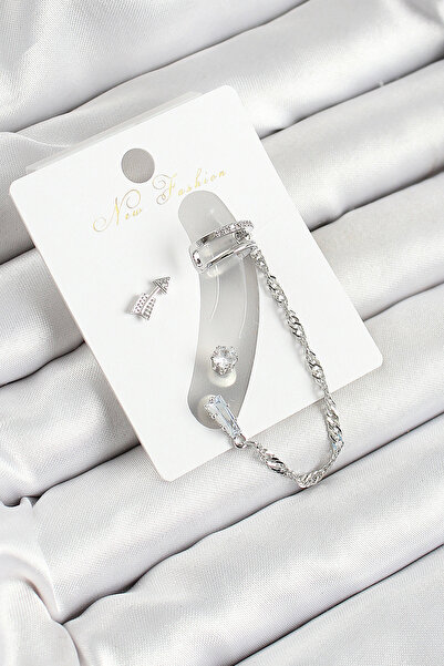 Mustran Brass Arrow Figured Zircon Stone Silver Color 3-Piece Cartilage Women's Earring Set