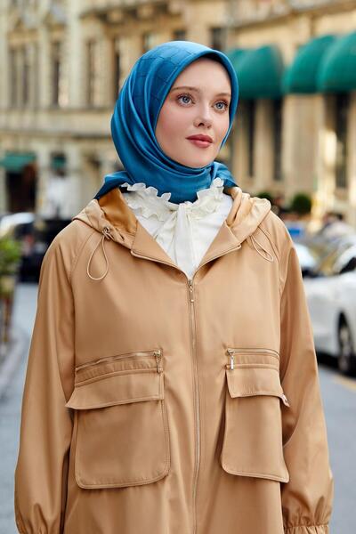 Levidor Camel Hooded Zipper Closure Trench Coat