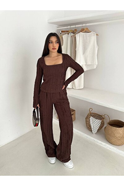 By Kuzey Aras Women's Square Neck Ribbed Finger-Tuck Detail Two-Piece Set