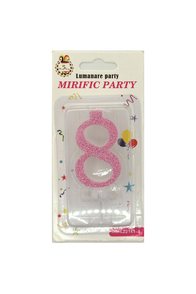 Mirific Party Pink cake candle with glitter, 6 cm, number 8