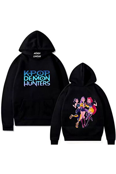 Minga London Unisex Kpop Demon Hunters Style Colorful Printed Black Oversized Sweatshirt