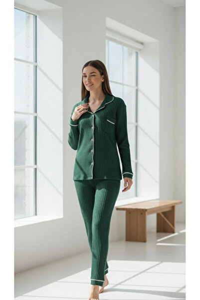 trendlina Ribbed Knit Buttoned Piped Pajama Sets