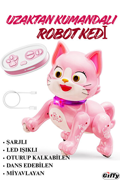 giffy Oyuncak Uzaktan Kumandalı Robot Kedi Oturup Kalkabilen Şarjlı Led Işıklı Sesli Dans Eden Toy Cat