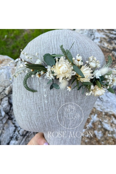 Tasarım RoseMoon El Yapımı Taç Gerçek Kuru Çiçek - Beyaz Yeşil Gelin-Nedime Tacı