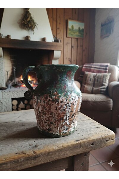 Atiz Çömlek evi Tek kulplu eskitme motifli el yapımı toprak saksi