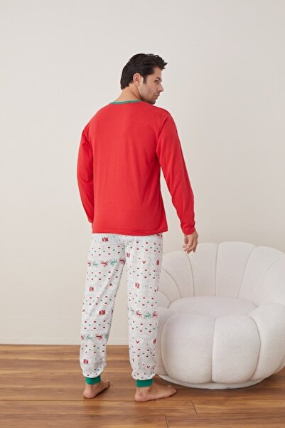 TOSKI - Men's Christmas Pajama Set, Long Sleeve Top & Long Pants, Christmas Tree Print, Red