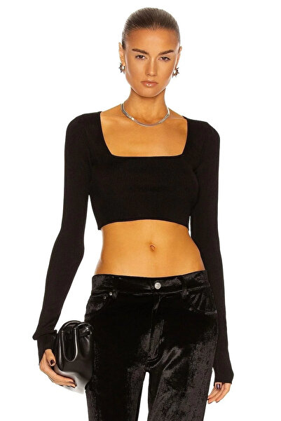 bysoca Kadın Siyah Kare Yaka Uzun Kollu Parmak Geçmeli Vücudu Saran Fitilli Kaşkorse Crop Top