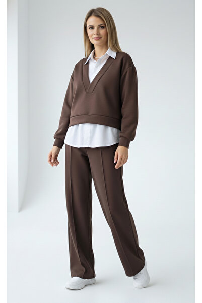 UniqueStore.ro Elegant brown suit with flared pants and blouse with collar and shirt-type bottom - Unique