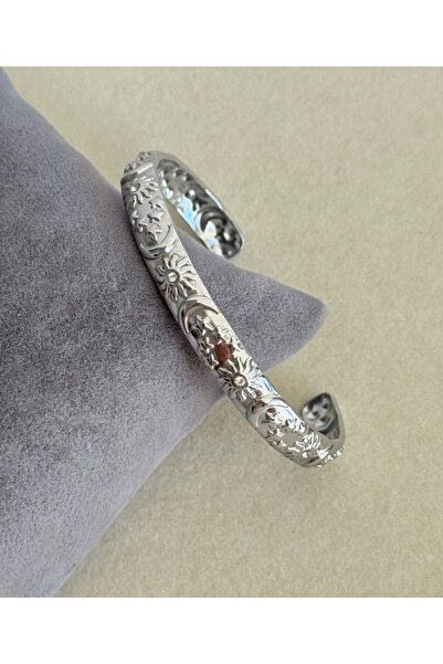 ZEHRİNG Çelik Gece Beyaz Taşlı Silver Vintage Kelepçe